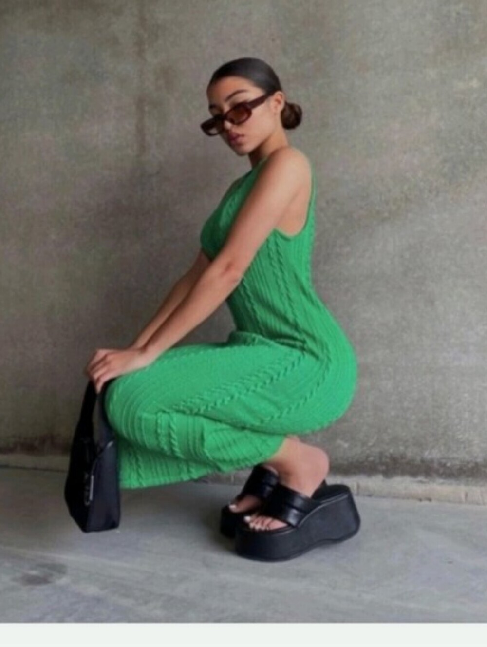 Zara Cable Knit Body Cone Midi Green Dress Sz S